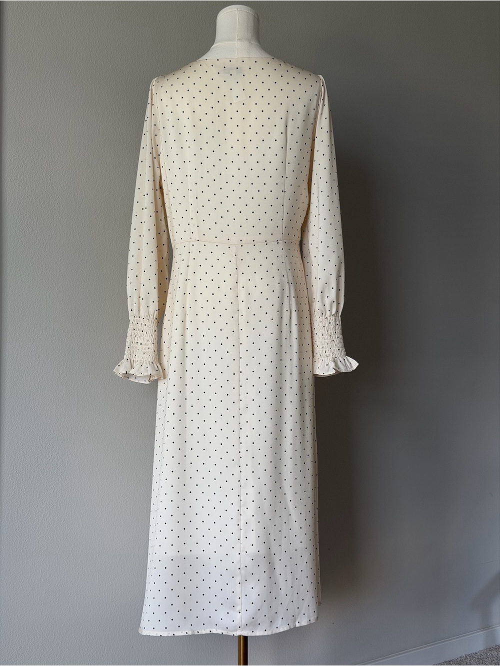 Simple Retro Mazie Long Sleeve Polka Dot Square Neck Midi Dress Lace Trim Cream - Picture 5 of 16